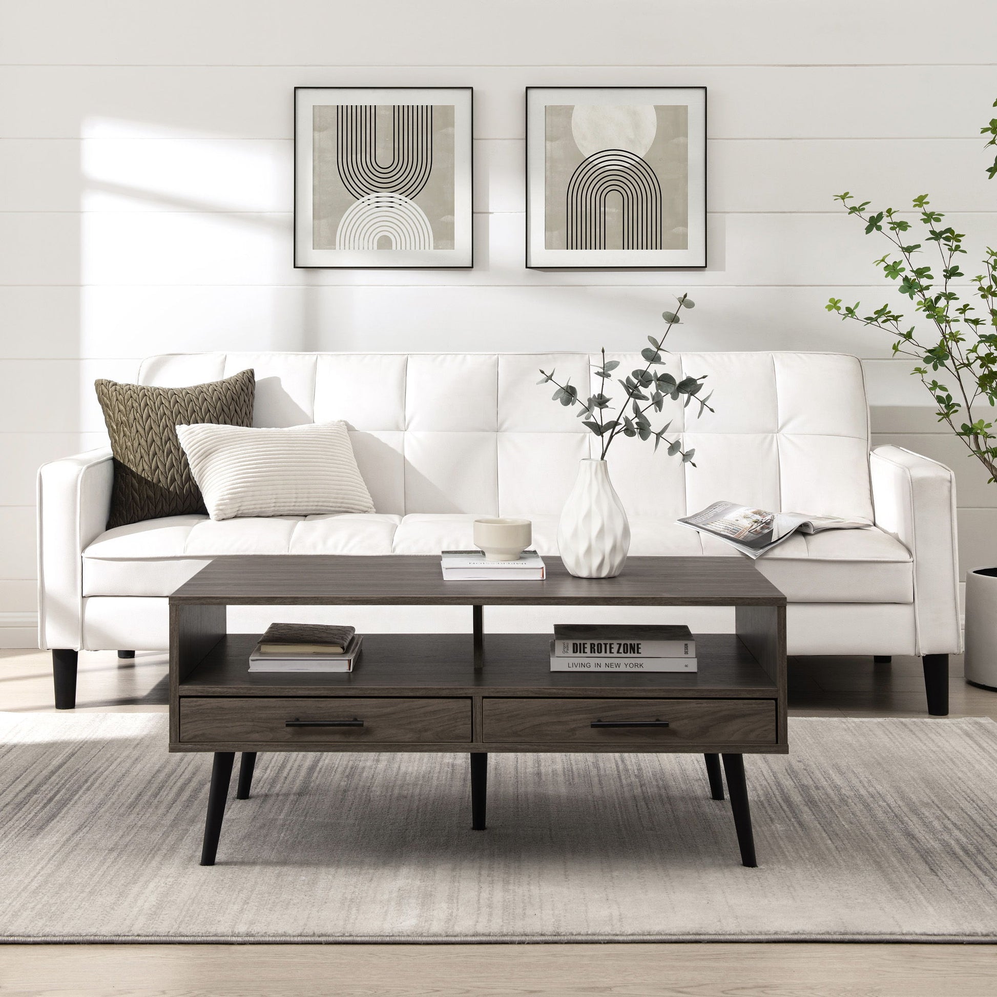 A modern living room featuring a white sofa, patterned pillows, a Contemporary 2 Drawer Low Coffee Table, a white vase with green branches, and two abstract black-and-white art prints on the wall above.