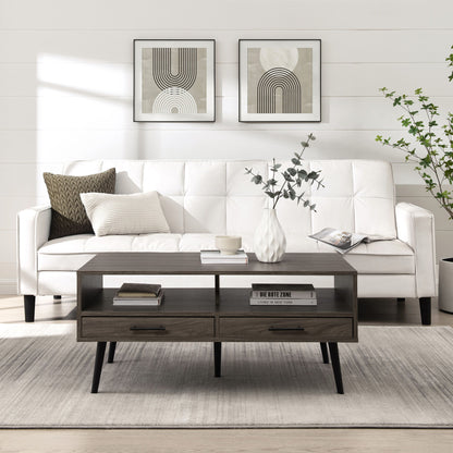 A modern living room featuring a white sofa, patterned pillows, a Contemporary 2 Drawer Low Coffee Table, a white vase with green branches, and two abstract black-and-white art prints on the wall above.