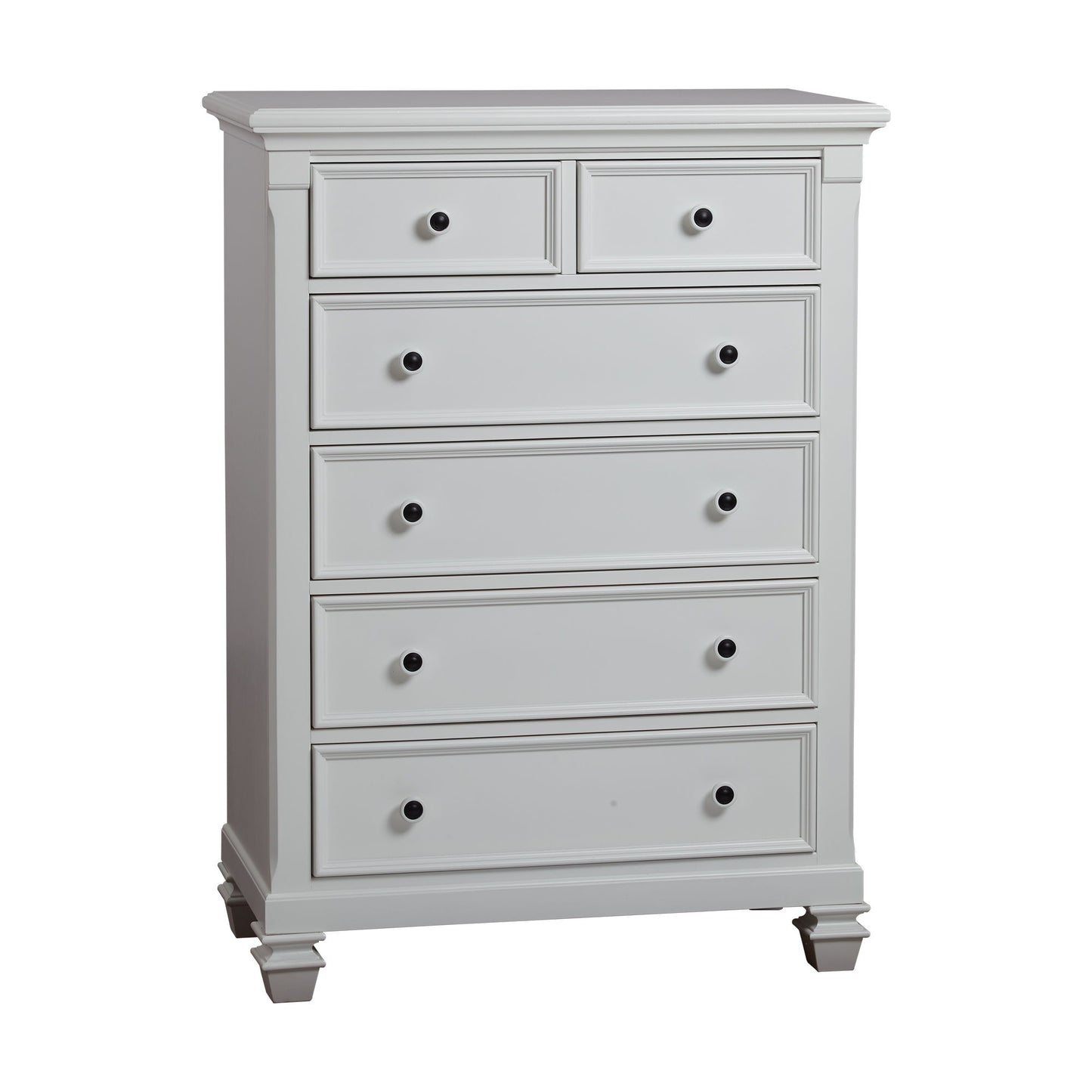 The Glendale 6 Drawer Chest is a tall, white wooden dresser with two small top drawers and four larger lower drawers. Each drawer has a round black knob, and the chest stands on short decorative legs.