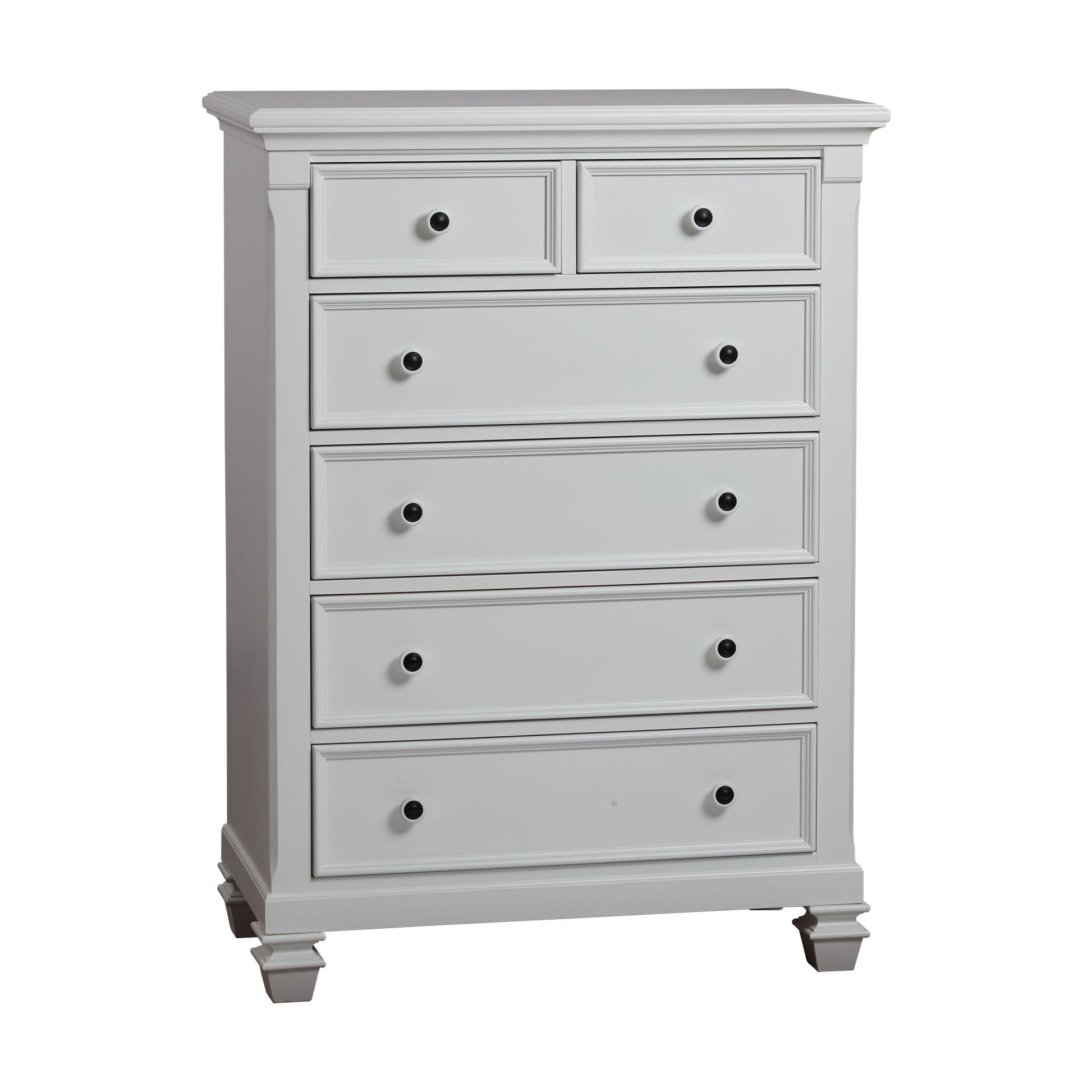 The Glendale 6 Drawer Chest is a tall, white wooden dresser with two small top drawers and four larger lower drawers. Each drawer has a round black knob, and the chest stands on short decorative legs.