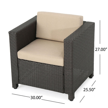 The Stylish Outdoor Club Chair features a brown wicker frame and beige weather-resistant cushions. It measures 30"W x 25.5"D x 27"H, with all dimensions labeled in black text.