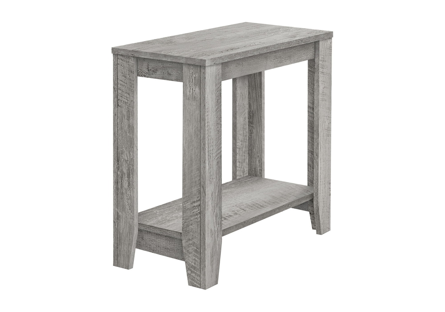 The Accent Table, Side Transitional features a small, rectangular gray wooden design with four legs, an open lower shelf, and an elegant rustic textured finish for a stylish touch.