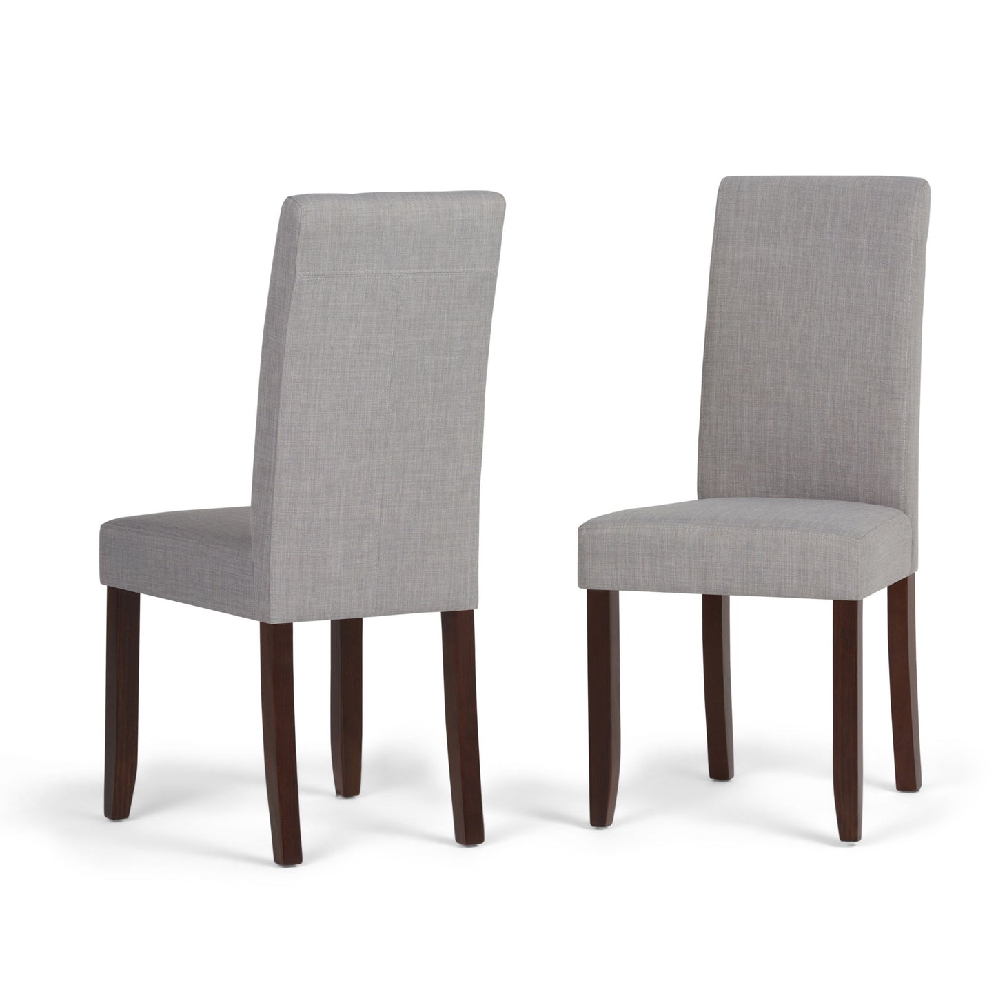 Set of 2 Acadian Upholstered Parson Dining Chairs featuring light gray fabric and dark wooden legs, displayed from front and back angles against a white background.
