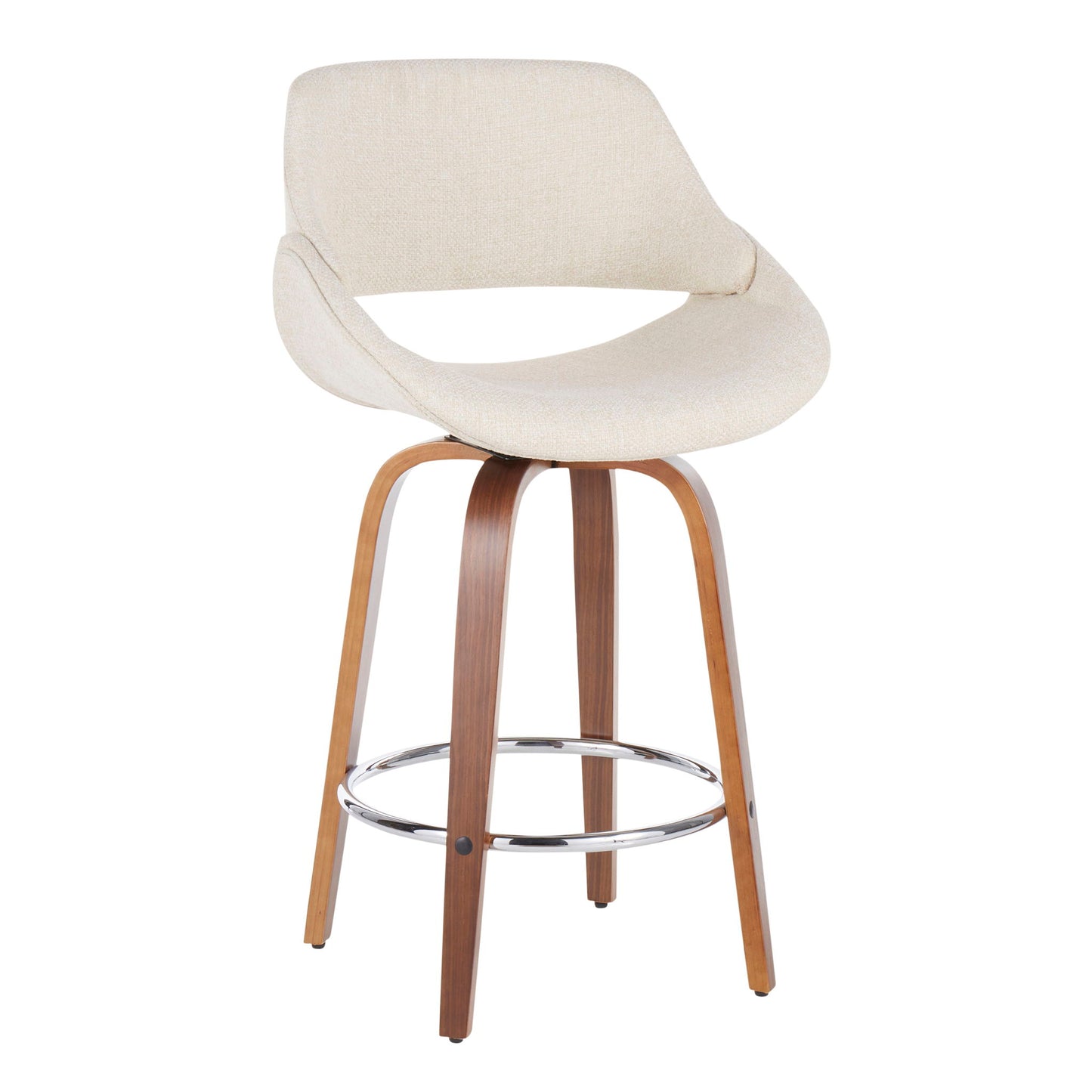 The Fabrico - Mid Century Modern Counter Stool (Set of 2) features a curved beige upholstered seat, low backrest, wooden legs, and a circular chrome footrest.