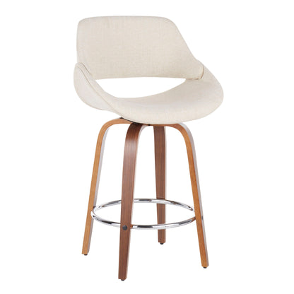 The Fabrico - Mid Century Modern Counter Stool (Set of 2) features a curved beige upholstered seat, low backrest, wooden legs, and a circular chrome footrest.