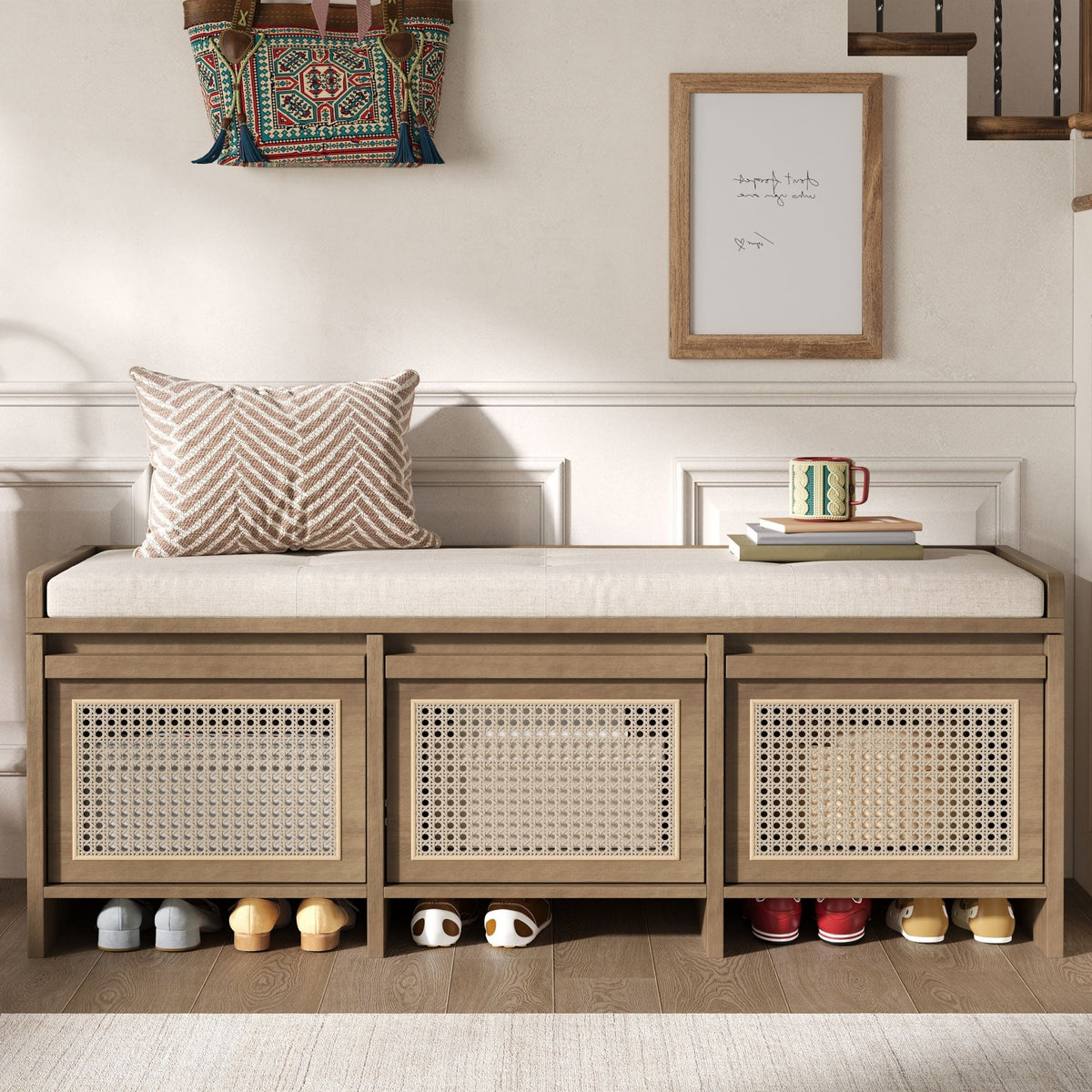 Entryway Shoe Bench With Drawers & Button Tufted Cushion