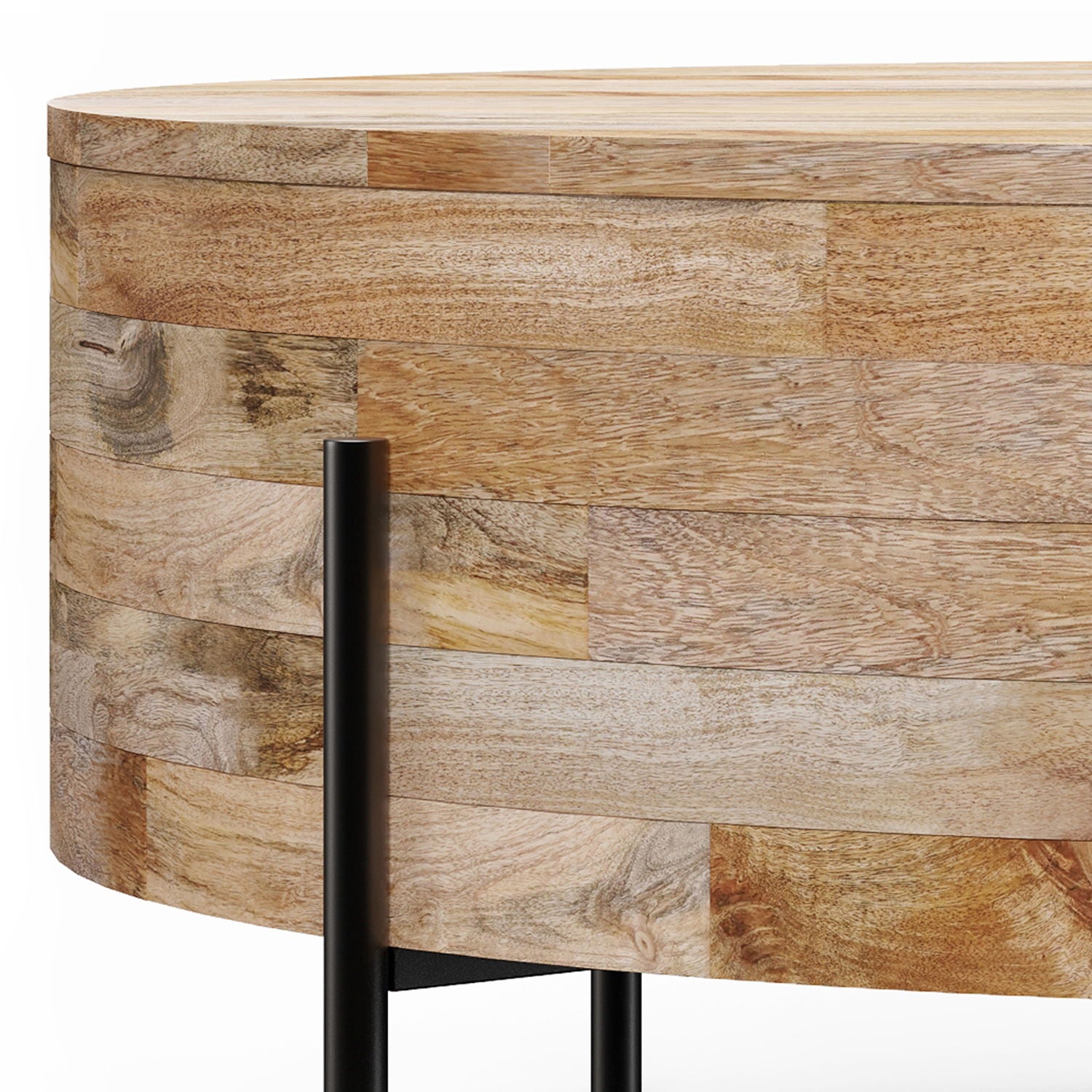 Close-up of the Rayburn - Drum Coffee Table in Natural, showcasing its rounded light wood grain top with slender black metal legs.