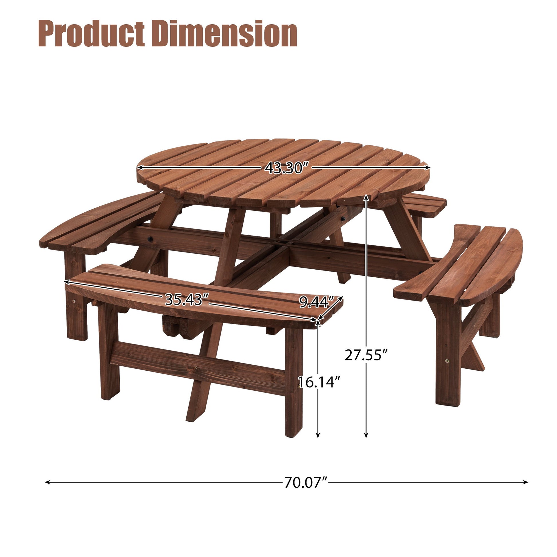 8 Person Wooden Picnic Table with 4 built-in benches; table diameter: 43.30", bench length: 35.43", bench width: 9.44", table height: 27.55", bench height: 16.14", total width: 70.07"; holds up to 2220 lbs—perfect for garden or camping dining.