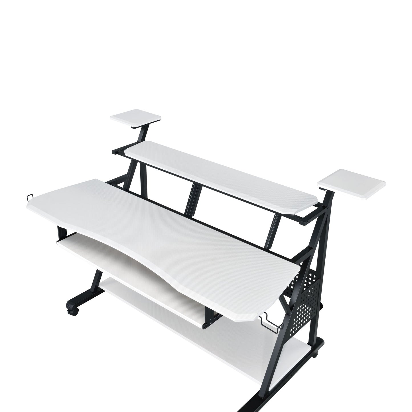 The Willow - Versatile Music Desk features a modern black and white design with elevated monitor stands, a spacious main desktop, a raised rear shelf, and a lower shelf, perfect for music production on any white background.
