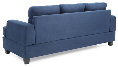 The Sandridge - Sofa is shown from the back, showcasing its modern blue upholstery, three back cushions, wide armrests, and dark wooden legs.