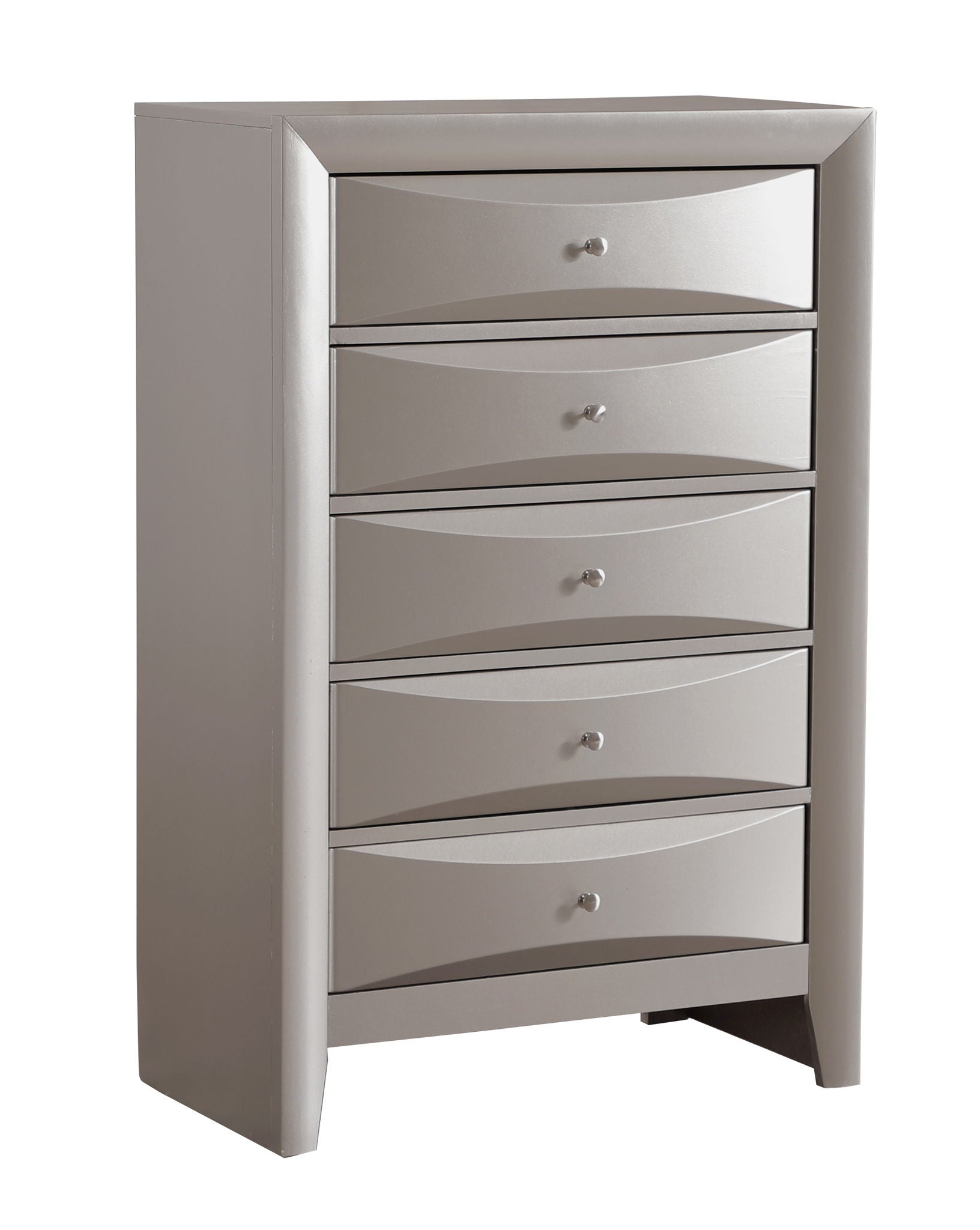 The Marilla Chest is a tall, modern silver dresser with six drawers, each adorned with a small round knob and subtle wave-shaped designs on the drawer fronts.