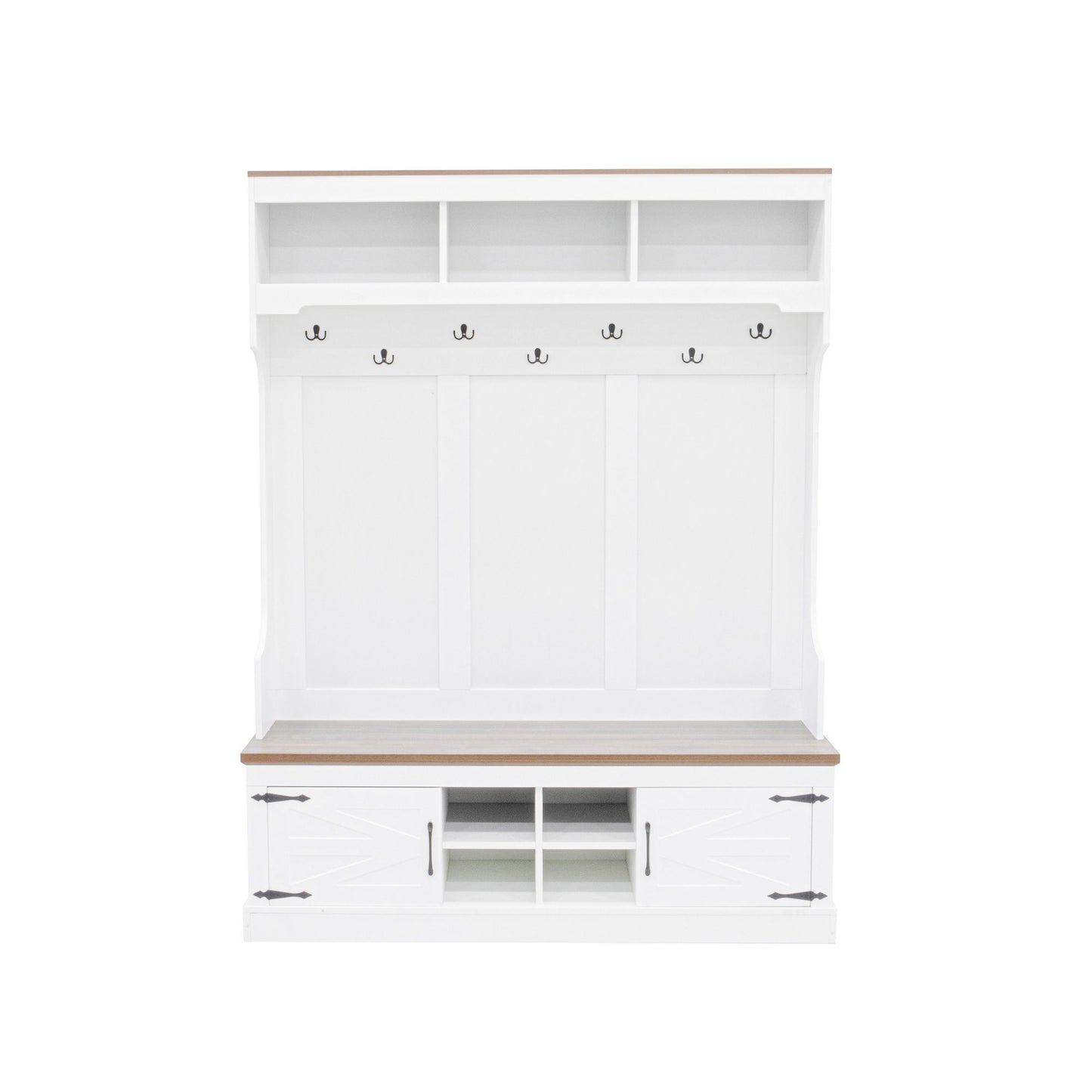 Hall Tree With Bench And Shoe Storage, 5 In 1 Entryway Organizer Cabinet With Coat Rack, 4 Shoe Cubbies & 7 Hooks - White