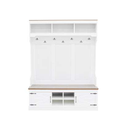 Hall Tree With Bench And Shoe Storage, 5 In 1 Entryway Organizer Cabinet With Coat Rack, 4 Shoe Cubbies & 7 Hooks - White