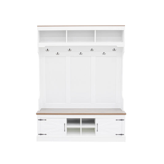 Hall Tree With Bench And Shoe Storage, 5 In 1 Entryway Organizer Cabinet With Coat Rack, 4 Shoe Cubbies & 7 Hooks - White
