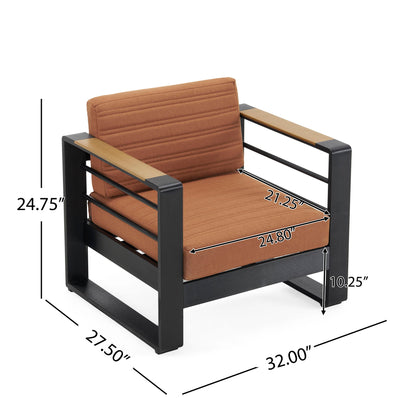 The Giovanna Club Chair Set features a brown cushioned seat (21.25"D x 24.80"W) with a black aluminum frame; overall dimensions are 24.75"H x 27.5"D x 32"W, with a seat height of 10.25" from the floor.