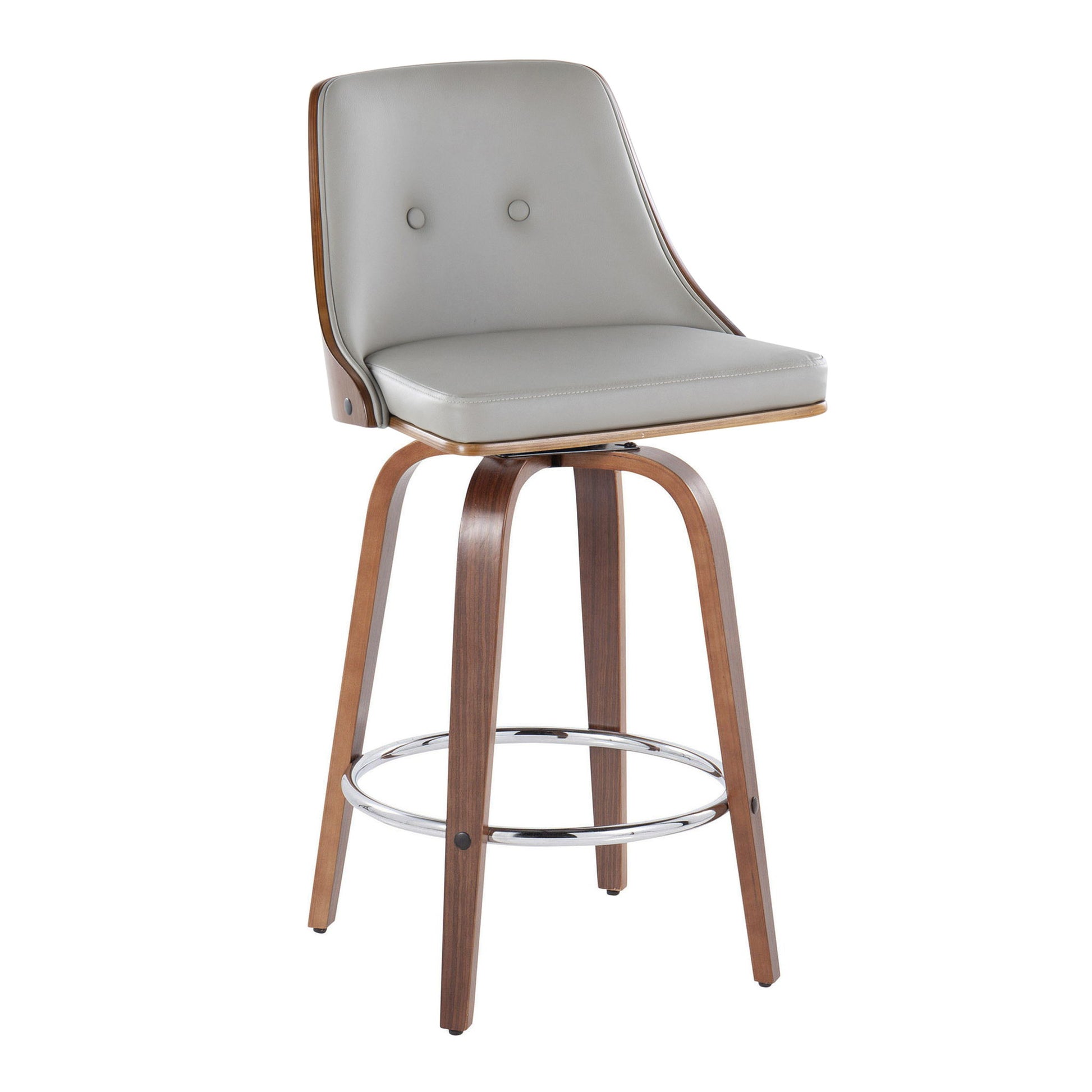 The Gianna Mid-Century Modern Fixed Height Stool (Set of 2) features a light gray cushioned seat and backrest with two buttons, curved wood accents, wooden legs, and a chrome circular footrest. The stool also includes swivel functionality.
