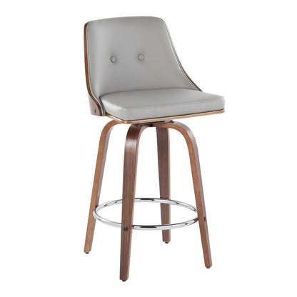 The Gianna Mid-Century Modern Fixed Height Stool (Set of 2) features a light gray cushioned seat and backrest with two buttons, curved wood accents, wooden legs, and a chrome circular footrest. The stool also includes swivel functionality.