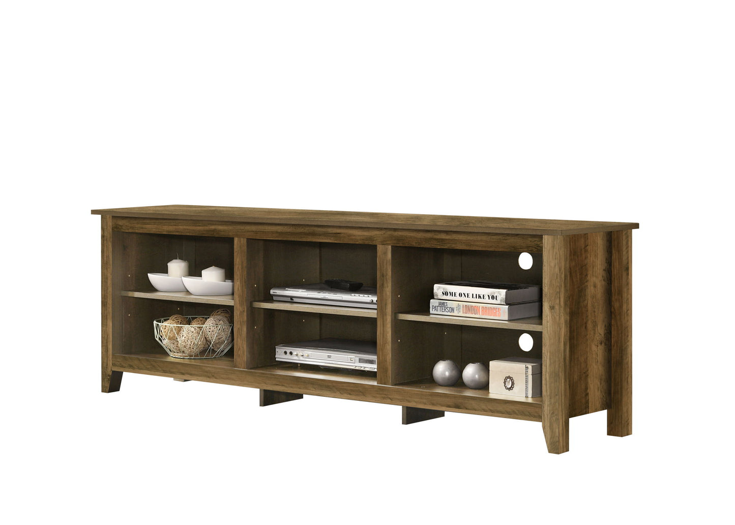 The Benito TV Stand features three open shelves for storing dishes, baskets, magazines, books, electronics, and décor. Its back panel includes circular cutouts for convenient cable management.