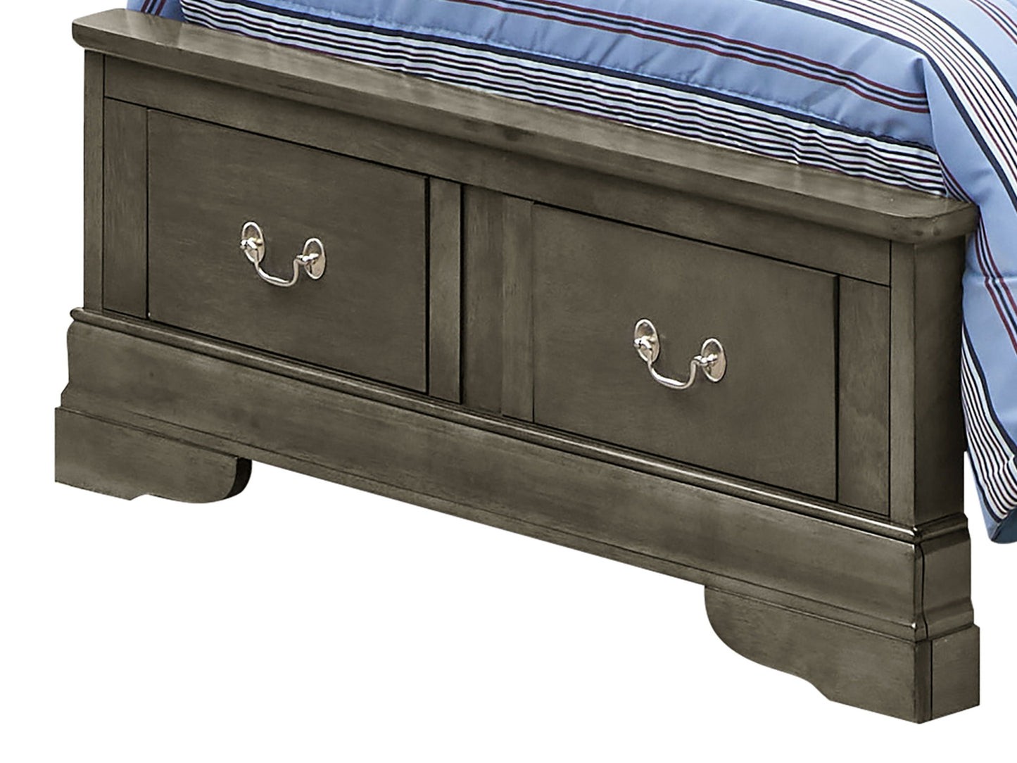 The Louis Phillipe - Storage Bed features a dark wooden frame and two large storage drawers at the foot with metal handles. It is shown with a blue and white striped blanket.