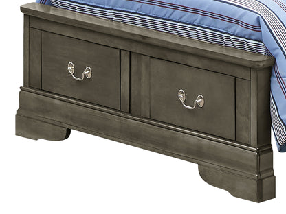 The Louis Phillipe - Storage Bed features a dark wooden frame and two large storage drawers at the foot with metal handles. It is shown with a blue and white striped blanket.