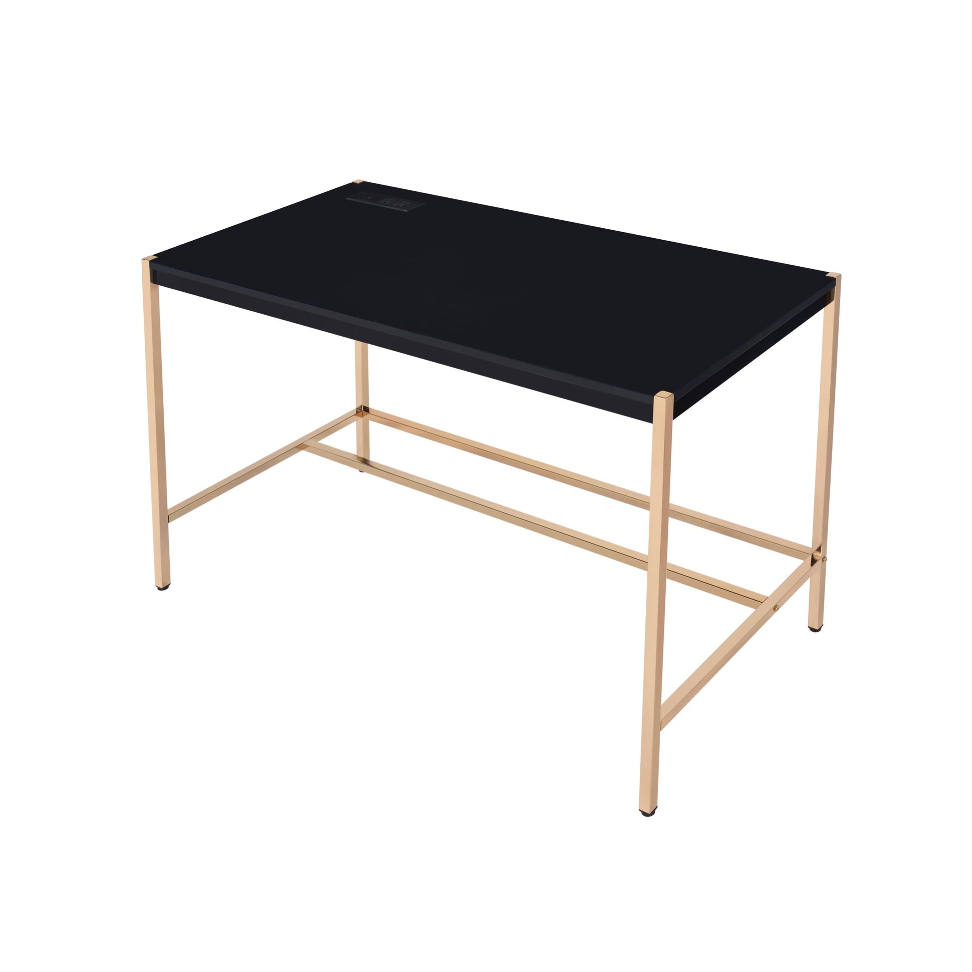 The Midriaks Writing Desk With USB features a modern rectangular design, black tabletop, gold metal frame legs, minimalist style, and an inset power outlet on the surface.