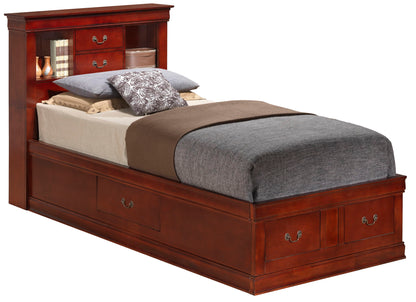 The Louis Phillipe - Bookcase Storage Bed features built-in storage drawers beneath and shelves in the headboard for books and decor, finished with gray and brown bedding and pillows.