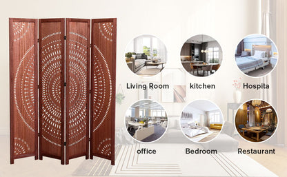 The Panel Solid Wood Folding Room Divider with a circular carved design adds style to any space. Shown in use across living rooms, kitchens, hospitals, offices, bedrooms, and restaurants for versatile decoration and privacy.