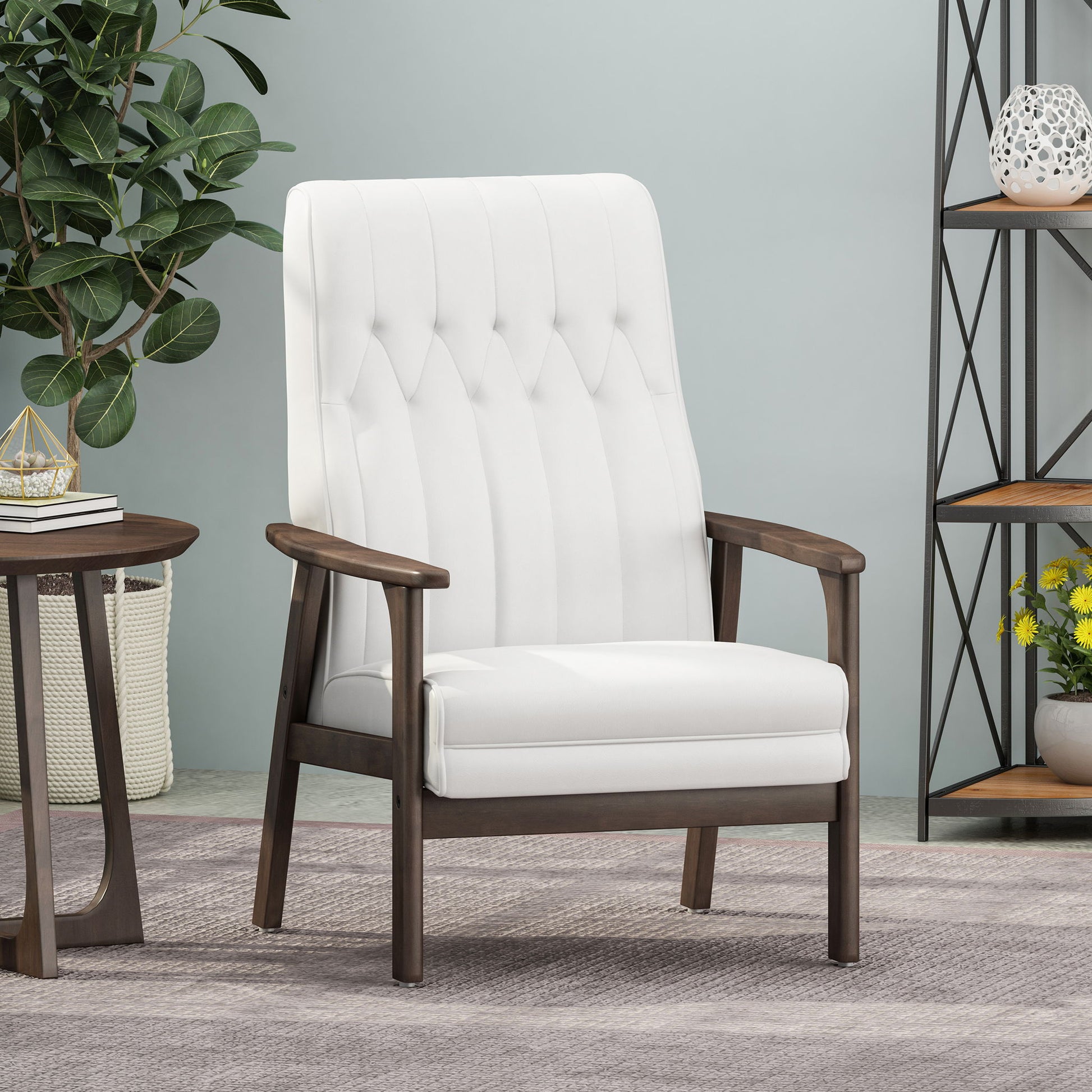 The Mid Century Modern Upholstered Accent Chair, featuring white upholstery and dark wooden arms and legs, sits on a light gray rug with plants, a small table, and decorative shelves in the background.