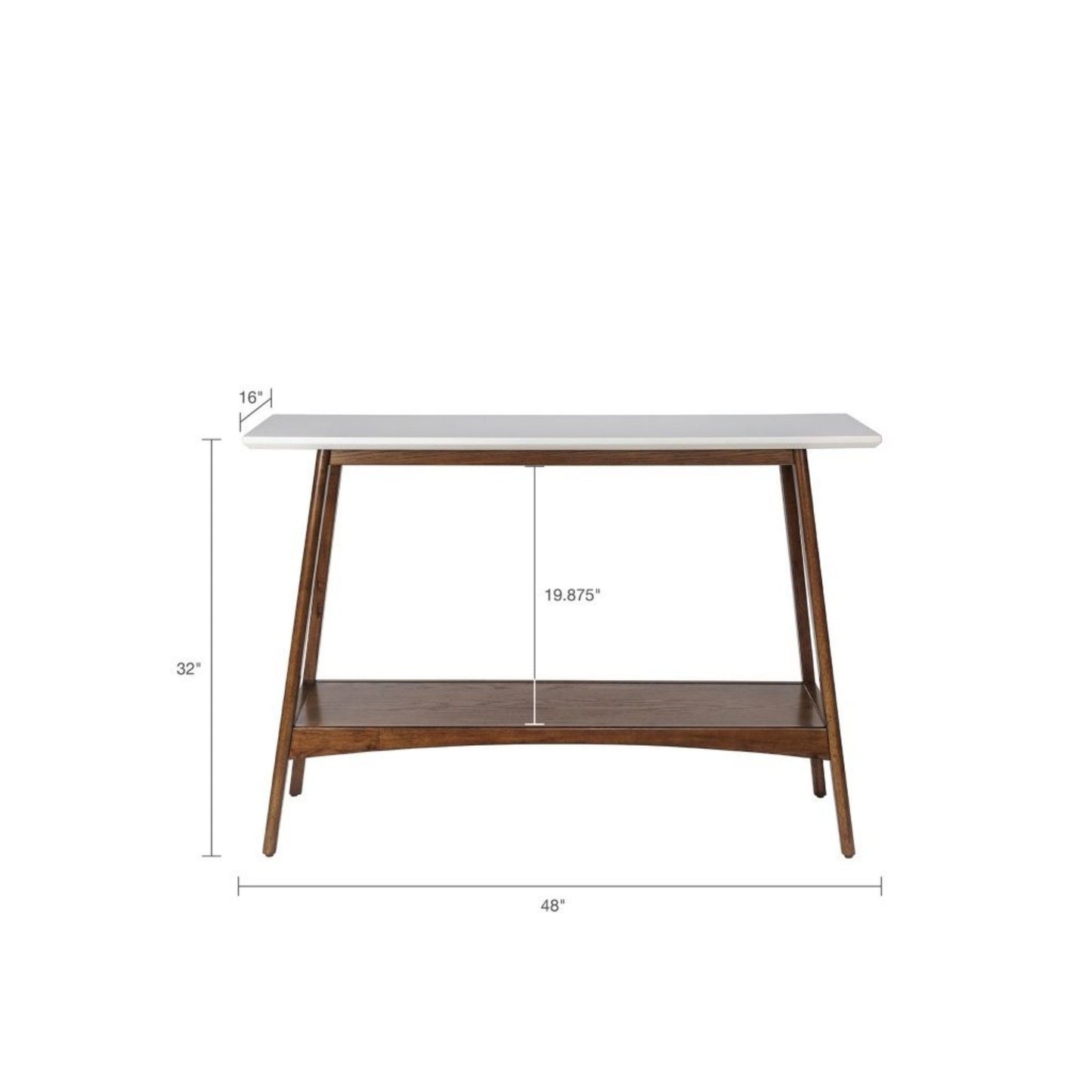 The Modern Table With Extra Storage features a white top, wooden frame, and lower shelf. Dimensions: 48" wide, 32" tall, 16" deep, with 19.875" between the tabletop and lower shelf.