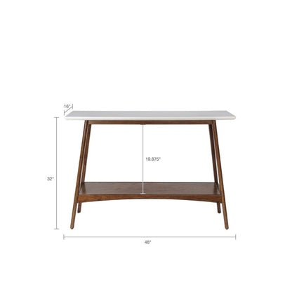 The Modern Table With Extra Storage features a white top, wooden frame, and lower shelf. Dimensions: 48" wide, 32" tall, 16" deep, with 19.875" between the tabletop and lower shelf.