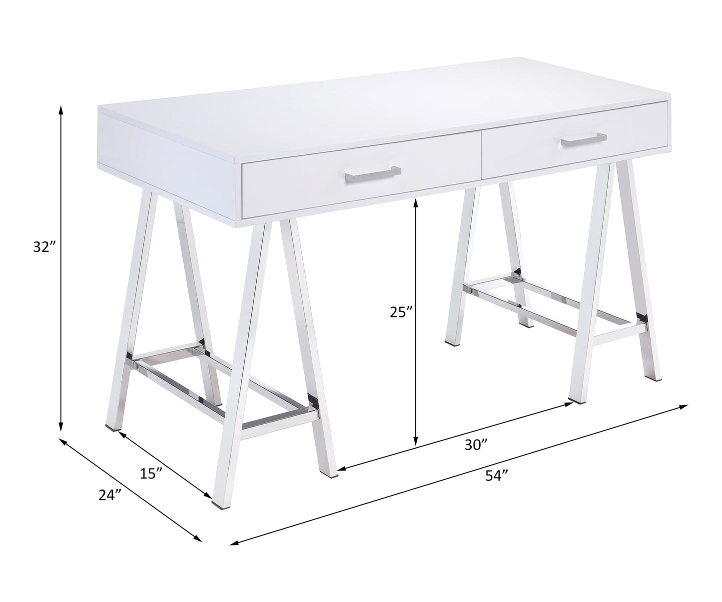 The Coleen - High Gloss Writing Desk With USB features a white finish, two drawers, metal legs on each side, and measures 32"H x 54"W x 24"D, with 25" from floor to drawers and 15" between the front and back legs.