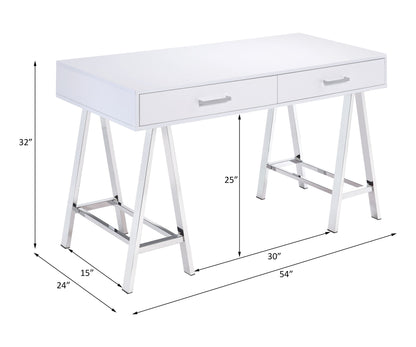 The Coleen - High Gloss Writing Desk With USB features a white finish, two drawers, metal legs on each side, and measures 32"H x 54"W x 24"D, with 25" from floor to drawers and 15" between the front and back legs.
