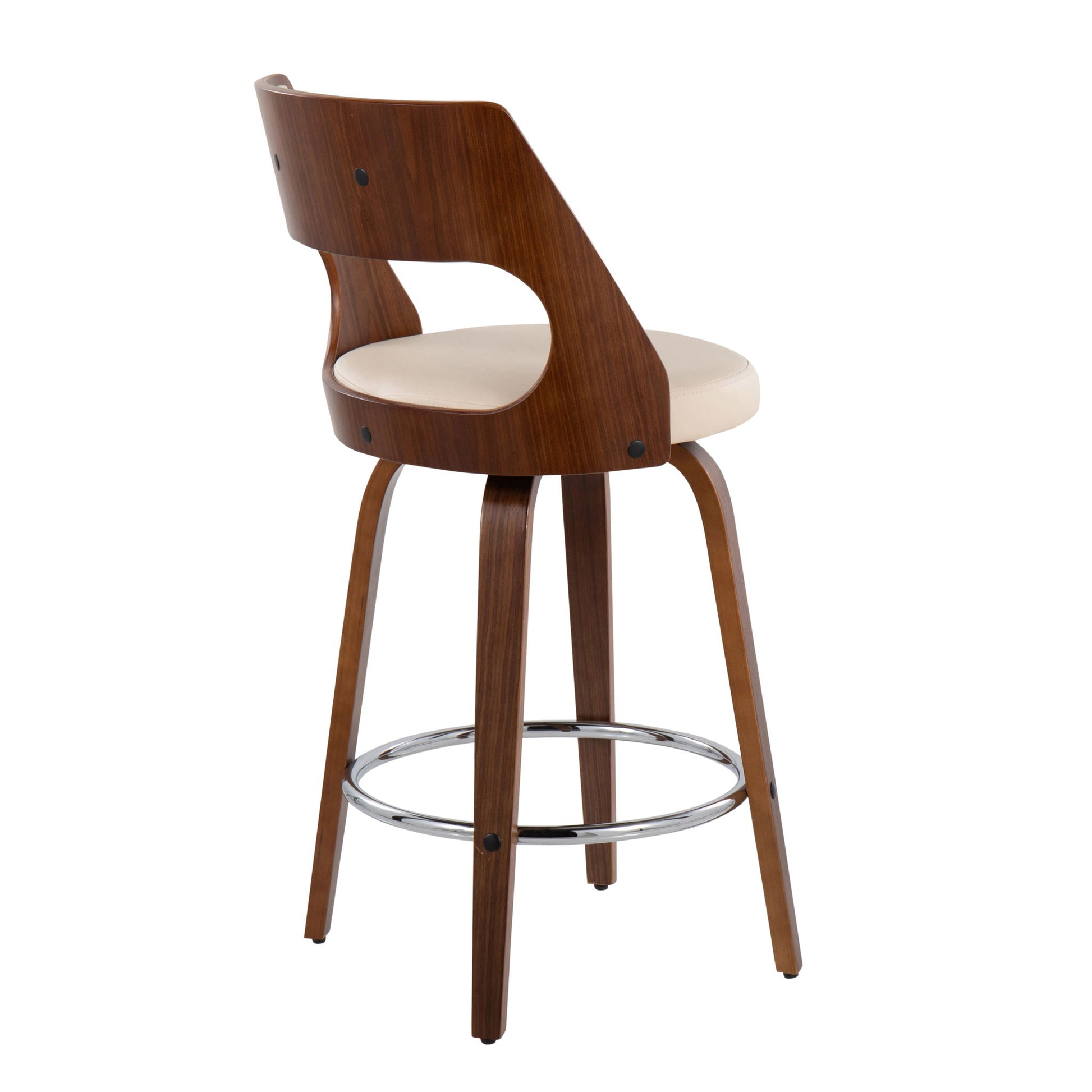 The Cecina Mid-Century Modern Fixed Height Counter Stool set features a curved backrest, beige cushioned seat, swivel function, four angled legs, and a round footrest. Set of 2.