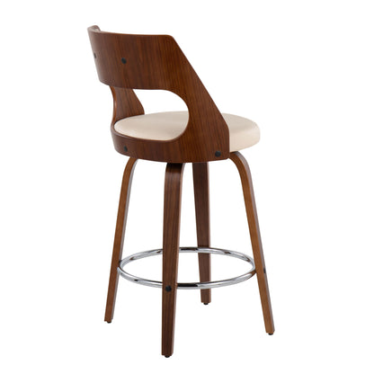 The Cecina Mid-Century Modern Fixed Height Counter Stool set features a curved backrest, beige cushioned seat, swivel function, four angled legs, and a round footrest. Set of 2.