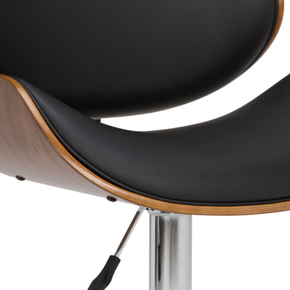 Close-up of the Marana Multifunctional Handcrafted Bentwood Adjustable Swivel Bar Stool, featuring a curved black leather seat and backrest, wooden edges, and a metal hydraulic adjustment lever on a silver base.