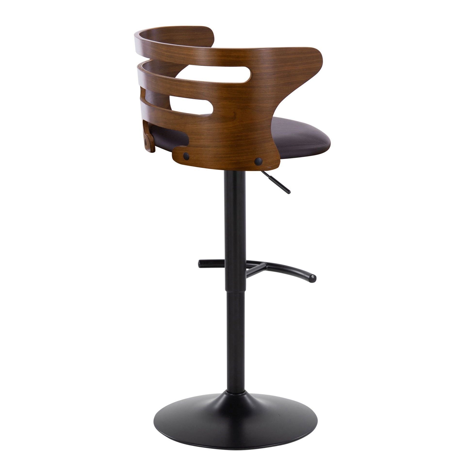 The Cosi Mid Century Modern Adjustable Barstool, sold as a set of 2, features a curved wooden backrest with a slotted design, cushioned seat, swivel function, metal base, and rounded T footrest; shown from the back.
