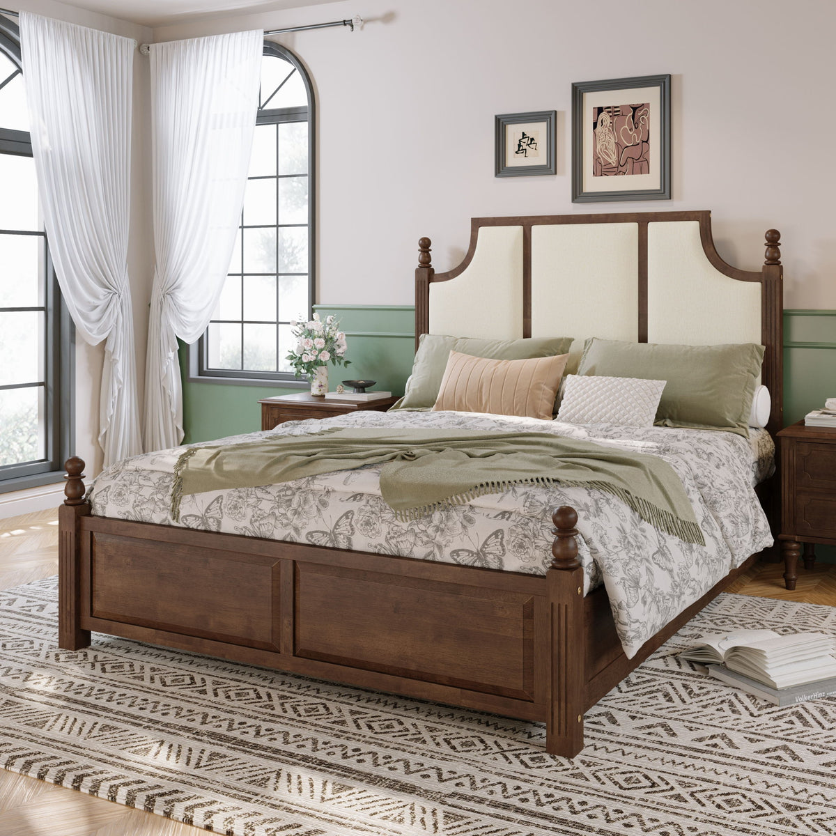 Farmhouse Platform Bed Frame & Tall Upholstered Headboard