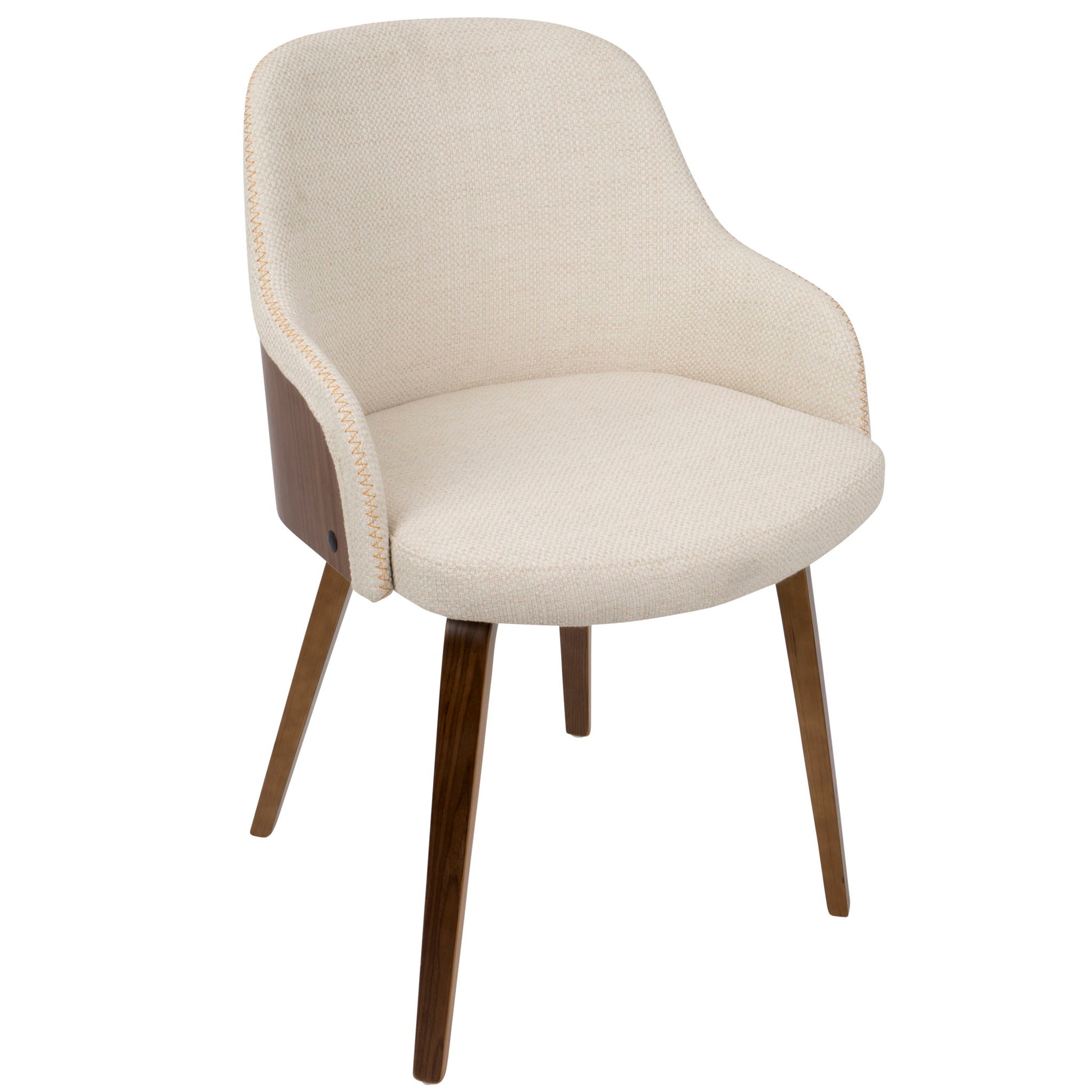 The Bacci - Mid Century Modern Dining Chair features a curved, upholstered beige seat and backrest with wooden legs and side wood paneling for a stylish, modern look.