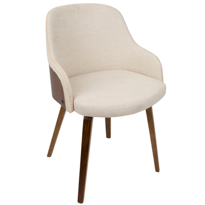 The Bacci - Mid Century Modern Dining Chair features a curved, upholstered beige seat and backrest with wooden legs and side wood paneling for a stylish, modern look.