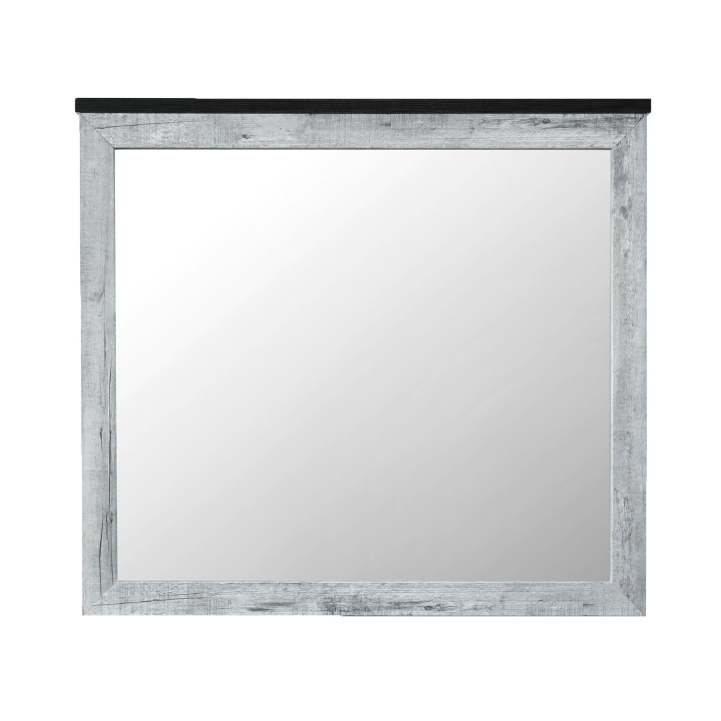The Couch.com Kicks Mirror features a modern, durable design with wood construction, a gray wash finish, and a sleek black top edge; shown here against a white background.