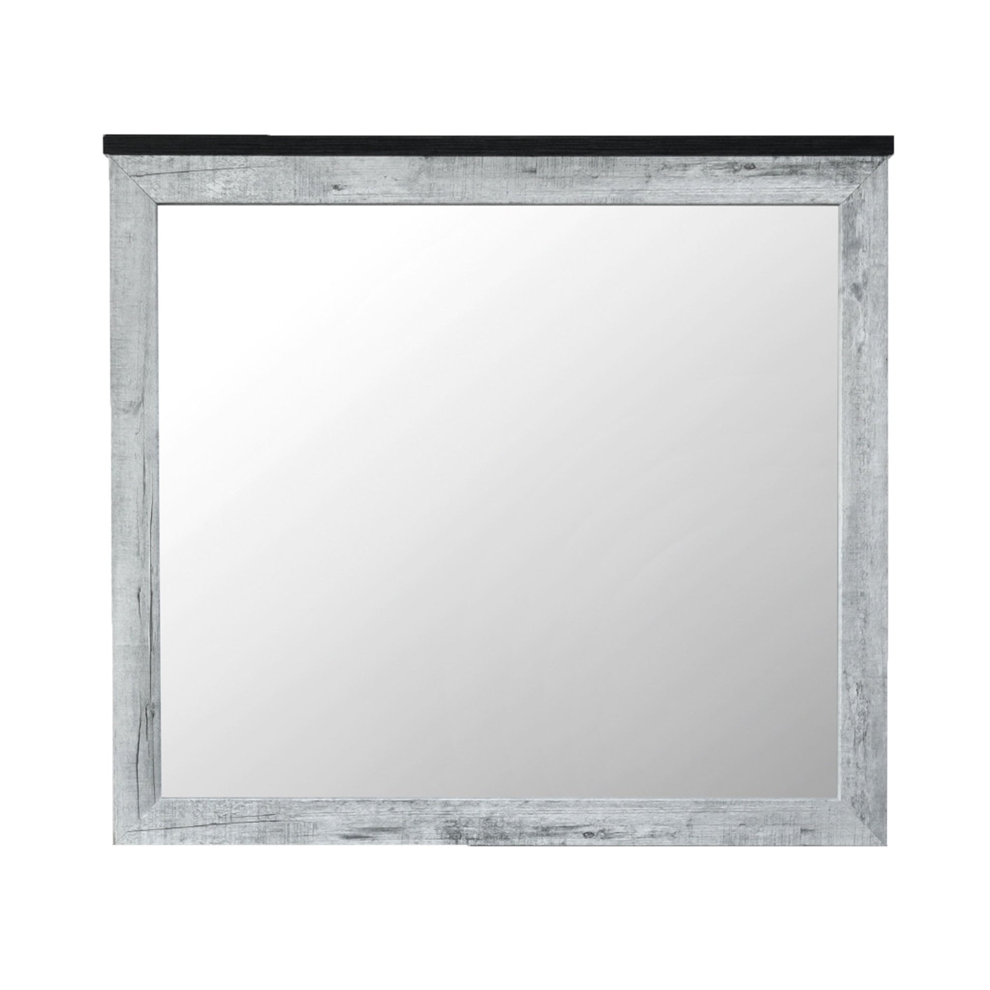 The Couch.com Kicks Mirror features a modern, durable design with wood construction, a gray wash finish, and a sleek black top edge; shown here against a white background.