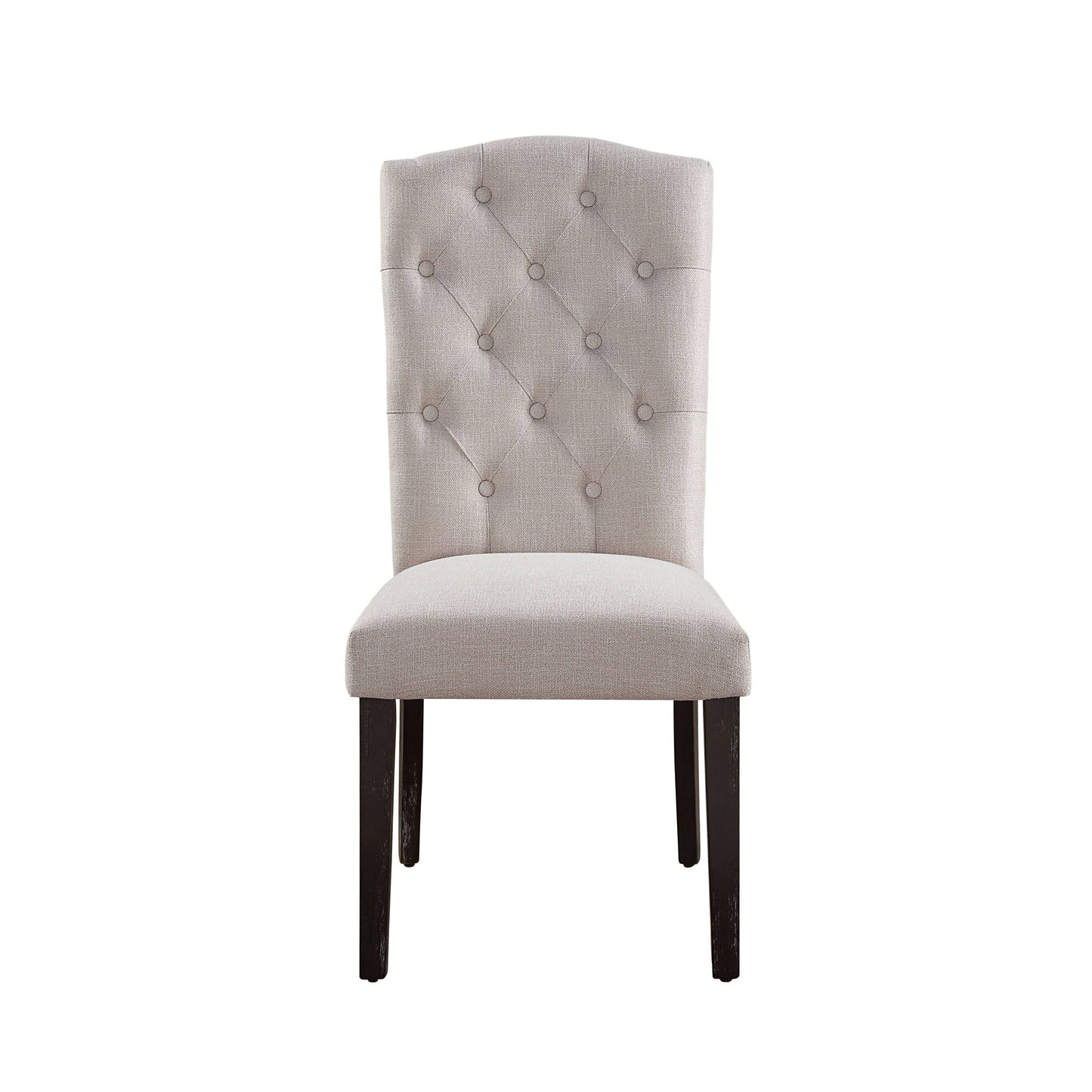 The Gerardo Linen Weathered Dining Chair (Set of 2) in beige features a tufted backrest and dark wooden legs, shown against a white background.
