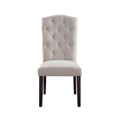 The Gerardo Linen Weathered Dining Chair (Set of 2) in beige features a tufted backrest and dark wooden legs, shown against a white background.