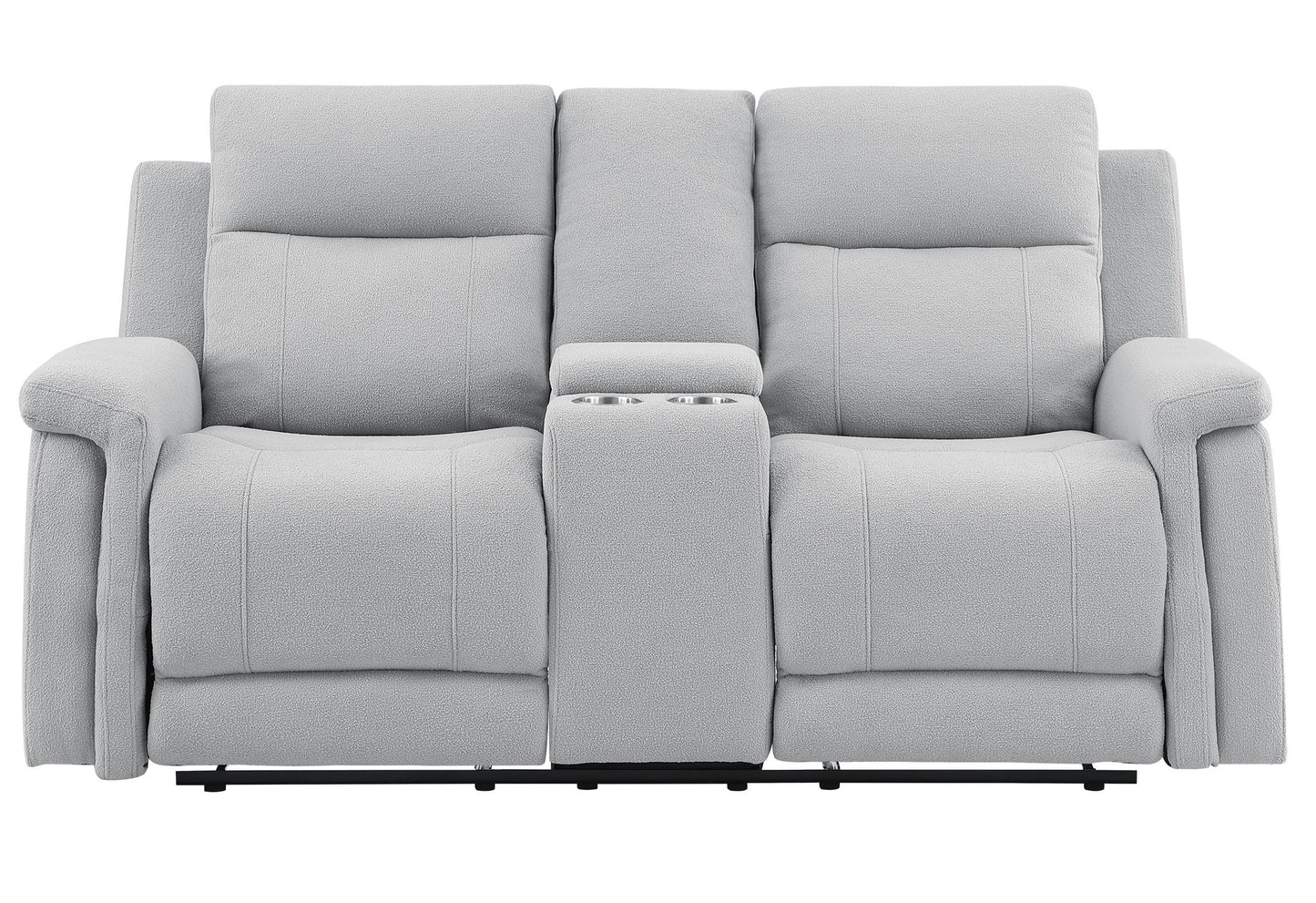 The Couch.com Eco Console Reclining Loveseat features a modern, light gray fabric design with plush cushions, armrests, and a central console with two cup holders, shown against a white background. Durable construction and modern style complete the look.