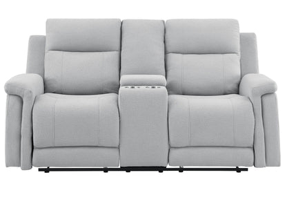 The Couch.com Eco Console Reclining Loveseat features a modern, light gray fabric design with plush cushions, armrests, and a central console with two cup holders, shown against a white background. Durable construction and modern style complete the look.