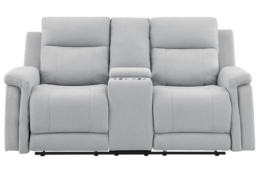 The Couch.com Eco Console Reclining Loveseat features a modern, light gray fabric design with plush cushions, armrests, and a central console with two cup holders, shown against a white background. Durable construction and modern style complete the look.