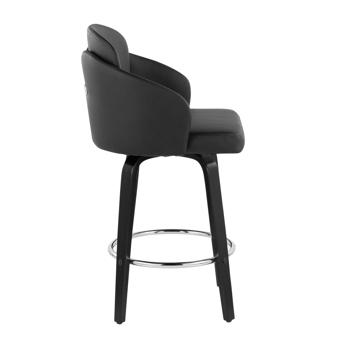 The Dahlia - Contemporary Counter Stool (Set of 2) features a modern black cushioned curved backrest, padded seat, four angled wooden legs, and a round chrome footrest, shown from the side against a white background.