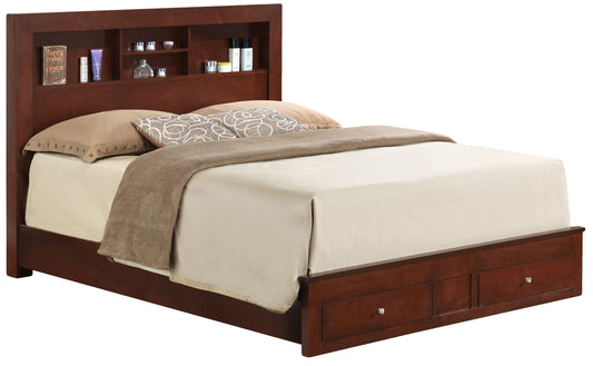 The Stylish Storage Bed For Modern Spaces features a wooden frame, beige comforter, patterned pillows, brown blanket, storage drawers at the footboard, and headboard shelves for books and toiletries.