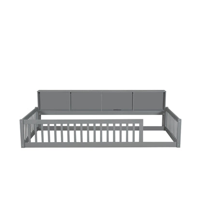 Twin Long Floor Bed With Storage Cabinets And USB Ports - Gray