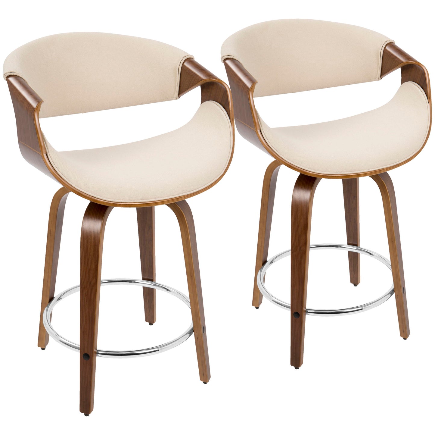 The Curvini Mid-Century Modern Fixed Height Counter Stool With Swivel (Set of 2) features curved wooden frames, beige upholstered seats and backs, metal footrests, and angled legs—blending mid-century and contemporary styles.